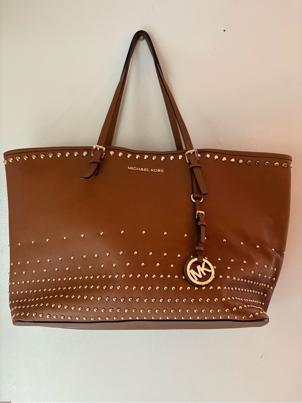 Michael Kors Cognac Leather Studded Tote with Gold Accents